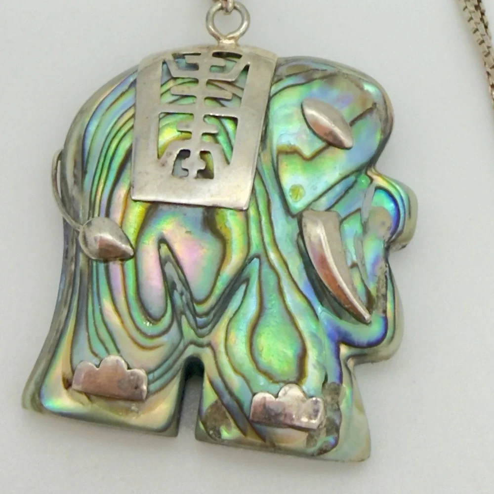 Vtg Abalone Shell Sterling Silver Necklace Elephant Chinese Good Luck Pendant